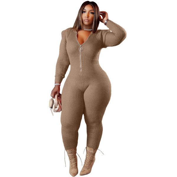 Khaki Winter Thicken Knitted Woolen Padded Shoulder Zipper Up Bodycon Long Sleeve Hoodie Jumpsuit