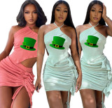 Wholesale Pink Print Halter Backless Pleated Skirt Set 2 Piece