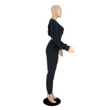 Autumn Winter Round Neck Loose Solid Color Crop Sweatshirt Pant Set