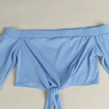 Solid Color Cotton Blended Women Light Blue Off The Shoulder Crop Top Pant Set