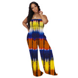 Casual Tie-dye Printed Rope-wrapped Strapless Wide-leg Jumpsuit