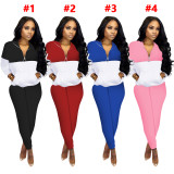 Womens Two Piece Outfits Zip Up Tops Pocket Bodycon Long Pants Color Block Pant Set