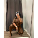 Sexy Gold Tight Elastic Snake Print Faux Leather Pants Set