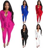 Solid Color Ruffled Sleeve Long Sleeve Zipper Tops and Trousers Set