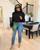 Women Bow Back Stand Neck Puff Long Sleeve Blouses Tops