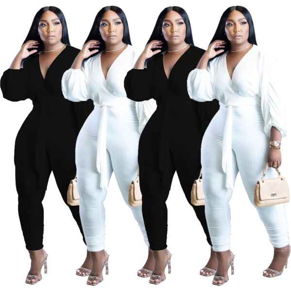 Women's Sexy Plus Size Pit Wrap V Neck Slim-fit Jumpsuit