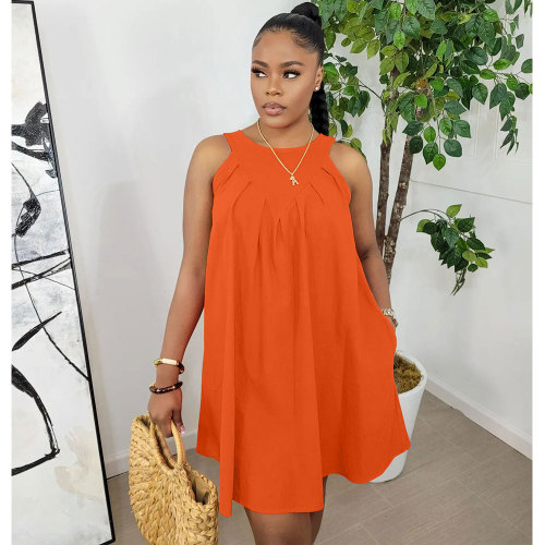 Orange Solid Color Sleeveless Crew Neck Pleated Cotton Mini Dress with Pocket