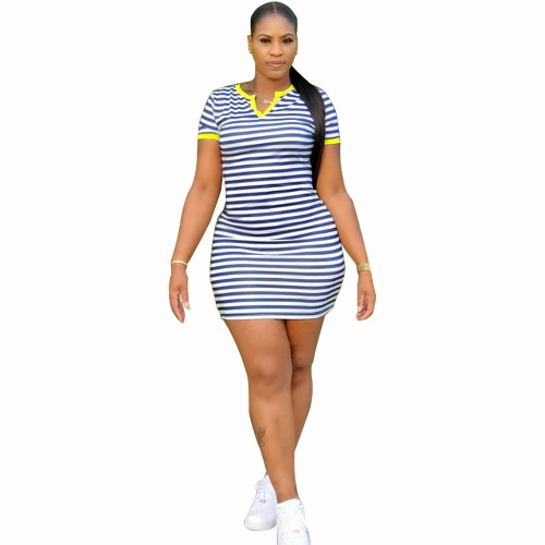 Casual Striped V Neck Mini Dress