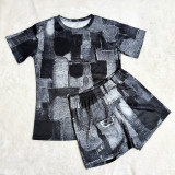 Fashion Solid Color Pattern Printed Shorts Two-piece Set
