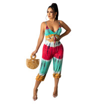 Fashion Pattern Printed Wrap Chest Trousers Suit