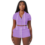 Purple Solid Zip Up Cardigan Cropped Hooded Two Piece Short Set