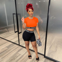 Casual Printed Letter Crop Top Women Two Piece Short Set