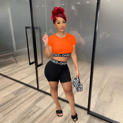 Casual Printed Letter Crop Top Women Two Piece Short Set
