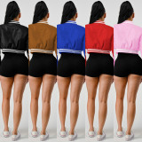 Thread Elasticity Faux Leather Baseball Jacket