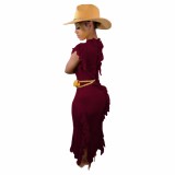 Casual Wine Red Knitted Edge Distressed Tassels Sleeveless Dress