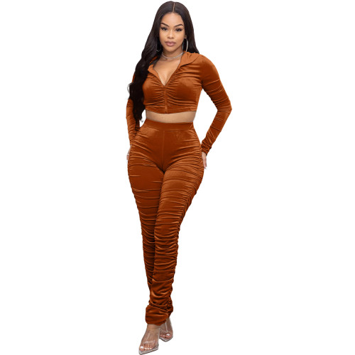 Solid Brown Wrinkles Hooded Zipper Crop Top Stacked Pants 2 Piece Sets