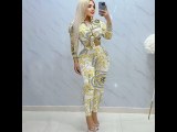 Sexy Turndown Neck Gold Black White Filigree Pattern Printed Bodycon 2 Piece Outfit
