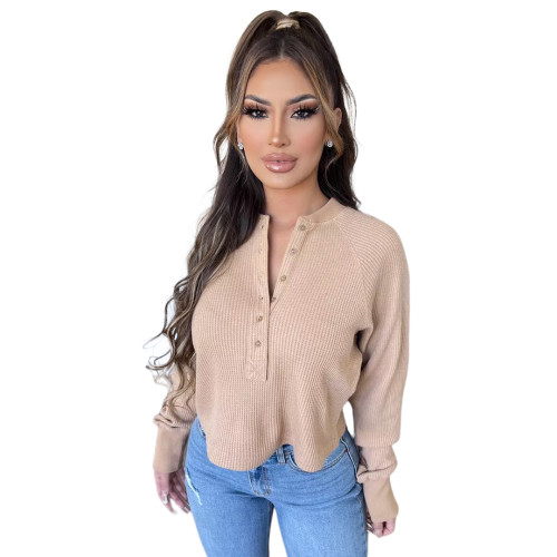 Waffle Button Threaded Baseball Collar Top