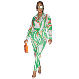 Casual Printed Turndown Neck Long Sleeve Shirt Trousers Homewear Casual Set