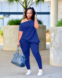 2022 Summer Loose Blue Slanted shoulder Breasted Shirring Two Pieces Sets