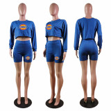 Casual O Neck Long Sleeve Sweatshirt Shorts Set with Pocket