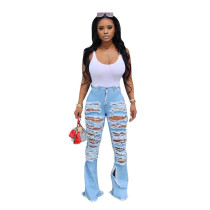 Casual Hole Burned Flared Denim Trousers