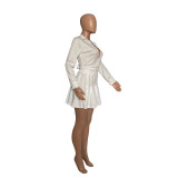 Solid Color White Fall Dress Two Piece Pleated Skirt Set