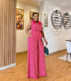 Casual Print Polka Dot Bandage Patchwork Buckle With Belt Turndown Collar Plus Size Jumpsuits