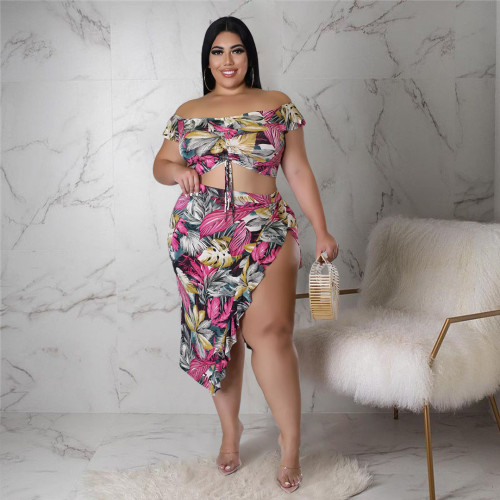 Plus Size Sexy Print Bandage Split Joint Slit Off the Shoulder Two Pieces Skirts Set