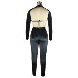 Black Sexy Solid Korean Velvet Patchwork Halter Long Sleeve Three Pieces