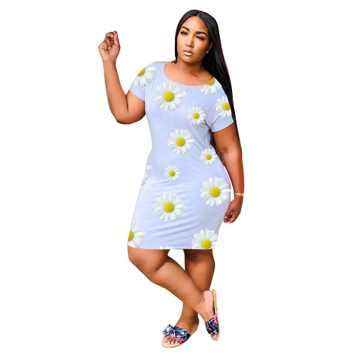 Casual Chrysanthemum Pattern Mini Dress