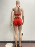 Red Sexy Halter Backless Bra Ruffled Shorts Summer Set