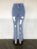 Women Eyelet Rope Elasticity Ripped Denim Trousers