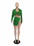 Solid Green Long Sleeve Cardigan + Bra Top + Split Mini Skirt 3 Piece Sets