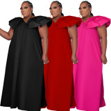 Solid Color Plus Size Woven Ruffled Sleeve V-neck Stitching Party Dress