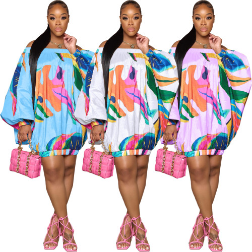 Women Clothings Slash Neck Printed Bat Sleeves Loose Dresses