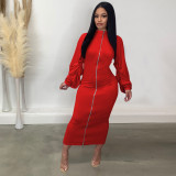 Ruched Lantern Sleeve Zip Front Bodycon Dress