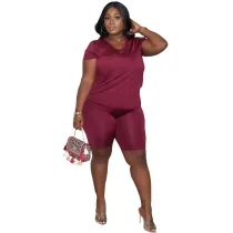 Solid Color V Neck Short Set
