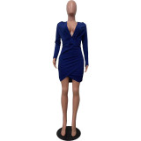 Solid Color Long Sleeve V Neck Open Cross Bodycon Club Dress