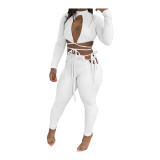 Fashion Women's Long Sleeves Open Front Bandage Crop Top Outfits Club 2pcs