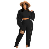 Winter Clothing Casual Black Tassels Sweater Crop Top and Pants 2PC Knit Tracksuit Set