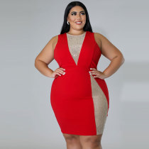 Red Plus Size Fat Woman Hot Drilling Mesh Patchwork Sleeveless Bodycon Dress