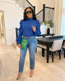 Women Bow Back Stand Neck Puff Long Sleeve Blouses Tops
