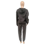 Solid Color Black Fleece Sweatshirt Hoodie Women Pant Set