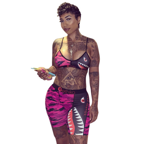 Camouflage Cartoon Sports Straps Pants Set