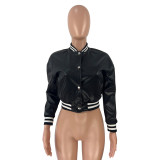 Thread Elasticity Faux Leather Baseball Jacket