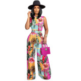 Fashion Pattern Printed Sleeveless Rompers + Wide Leg Pants Set