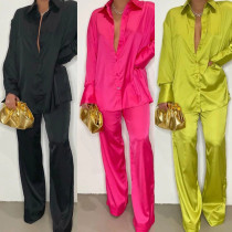 1 Set Office Lady Shirt Pants Solid Color Loose Summer Single Breasted Top Wide Leg Trousers