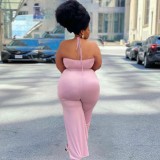 Solid Color Pink Ruffled Halter One Piece Sexy Backless Jumpsuit