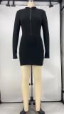 Solid Color Zipper Stitching Mini Dress